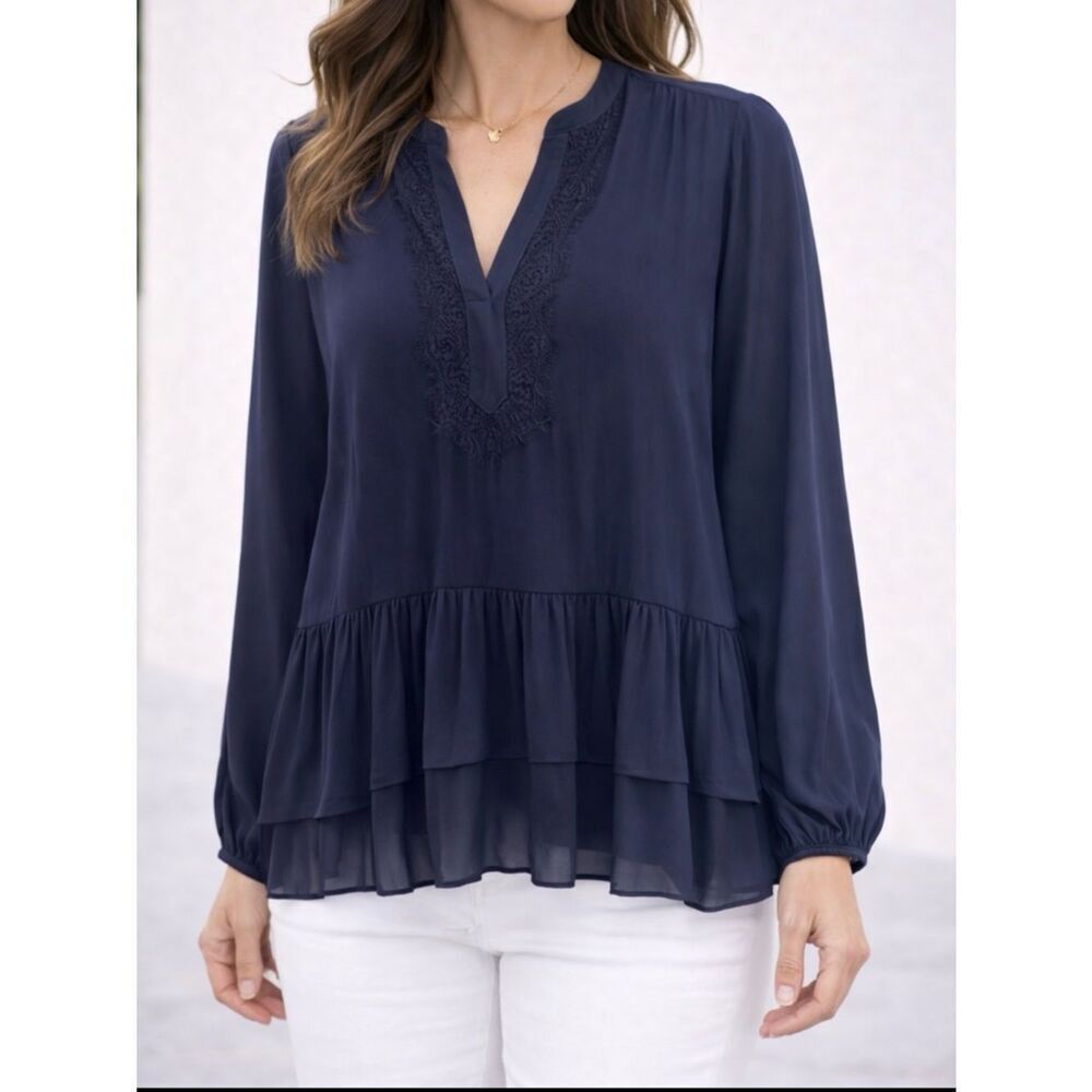 Loft Navy Blue Ruffle Hem Blouse